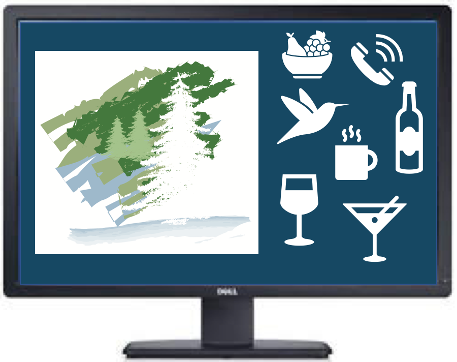 graphic of computer monitor with icons of bird, beverages, & snacks