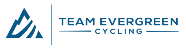 graphic of a blue mountain and the words team evergreen cycling