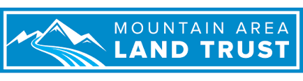 Mountain Area Land Trust Logo - Blue background with white letters and a white outline of mountain peaks