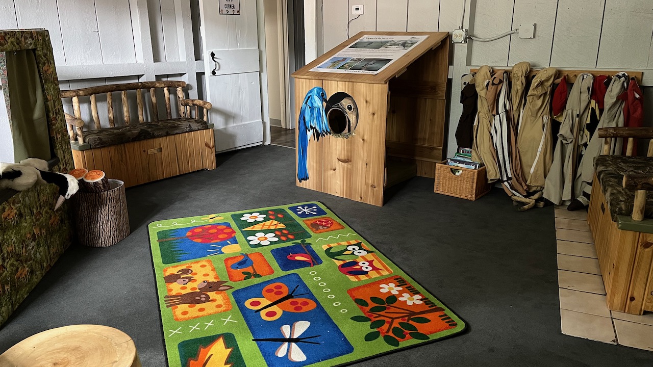 kids room in Nature Center with colorful rug, bench, birdhouse, costumes hanging on the wall, etc