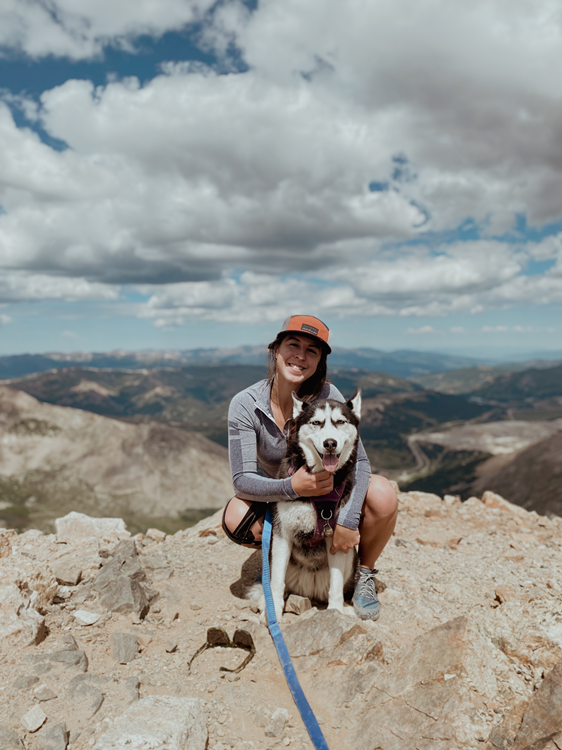 person sitting on top of a mountain holding a dog