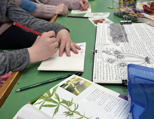 wildflower books open on a table with journals and people at table