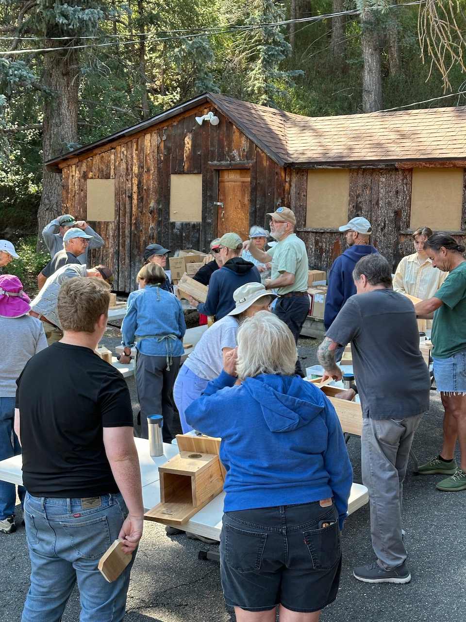 a bunch of people outside at tables making nestboxes
