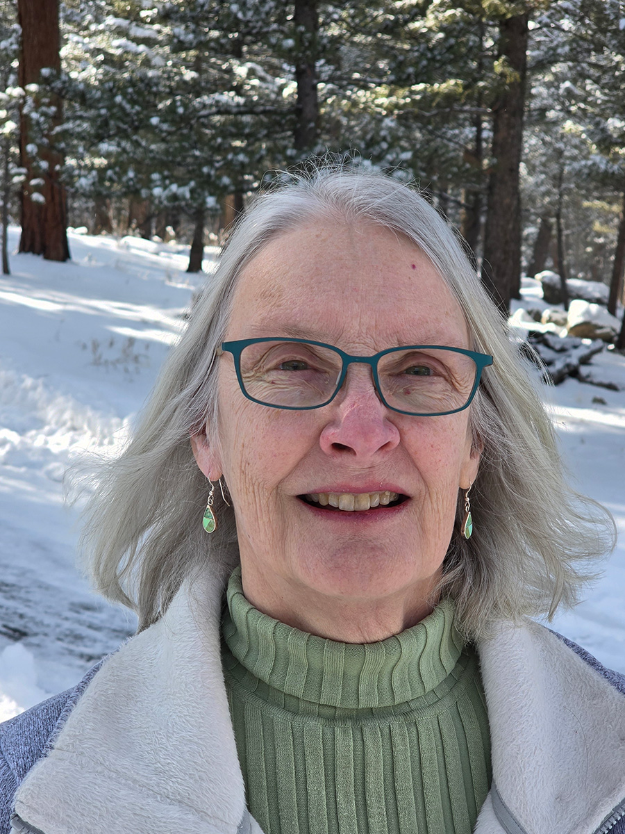 person with gray hair and glasses, green earrings and turtleneck, and jacket with snowy ground in the background