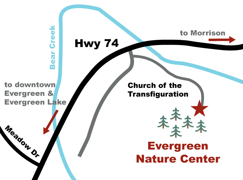 Map showing the location of Evergreen Nature Center in relationship to CO Map of Highway 74, east downtown Evergreen, sowing location on Evergreen Natures Center on the Church of the Transfiguration campus