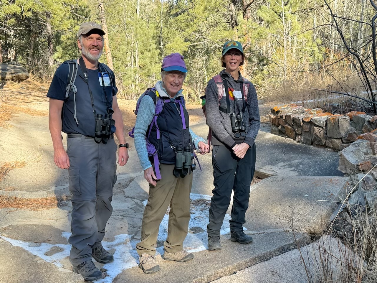 Three people standing on concrete blocks outside on a path.