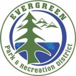 graphic of a tree in front of a lake and words Evergreen Parks & Recreation District